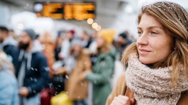 A young woman gazes quietly as snowflakes fall in a bustling train station crowd, capturing a moment of reflection amidst the winter rush of travel and connection.
