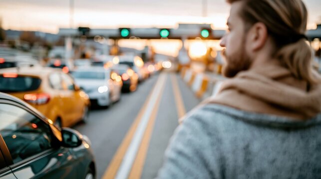 A young man gazes at the sunset while standing near his car in a traffic jam, encapsulating a moment of reflection and patience in busy urban living.