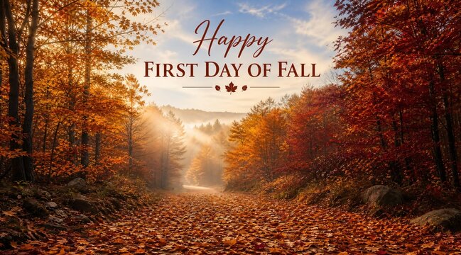 Happy First Day of Fall Greeting Card Along a Sunlit Autumn Forest Path