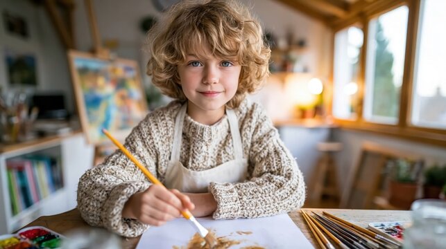 A young child sits at a table, joyfully painting with focused enthusiasm, highlighting creativity and imagination in an inspiring artistic environment filled with color.