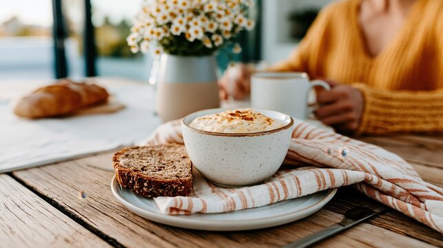 A cozy breakfast scene features a table set with homemade snacks and fresh coffee, emphasizing comfort, nourishment, and a beautiful start to the day in a relaxed atmosphere.