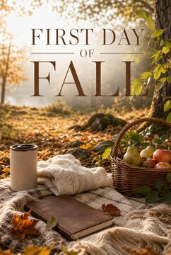 First Day of Fall Greeting Card with Cozy Autumn Picnic, Coffee, Pumpkins, and Harvest Basket