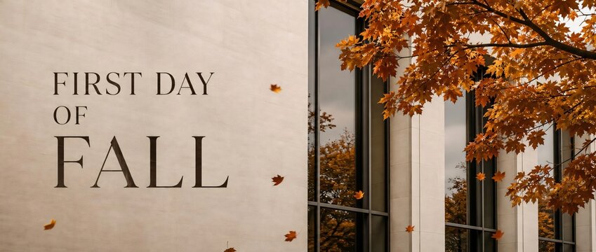 First Day of Fall Greeting Card with Autumn Foliage Framing a Modern Window