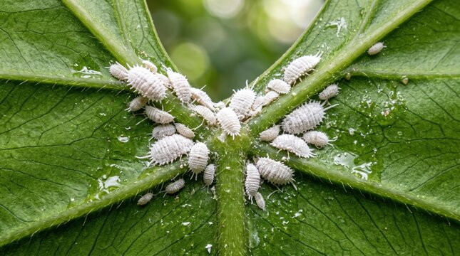 Mealybug Infestation on Tropical Leaf, Extreme Macro Agricultural Pest and Plant Disease Photography