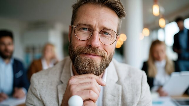 A confident businessman smiling while participating in an office meeting, reflecting professionalism and leadership amidst a bustling environment of focused colleagues.