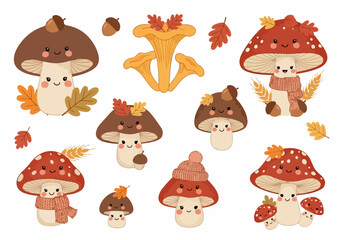 Fototapeta premium Cute cartoon mushrooms with autumn leaves and acorns