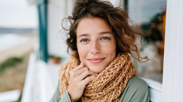 A natural beauty stands serenely near the coast, exuding confidence and warmth while wrapped in a cozy sweater, harmonizing with the seaside ambiance and lifestyle.