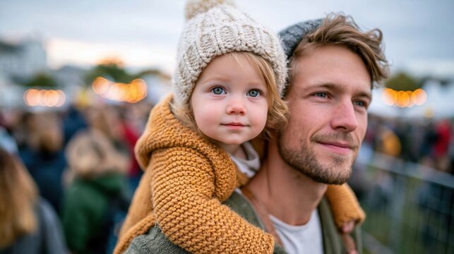 A father joyfully carries his toddler on his shoulders at a colorful outdoor event, illustrating the bond between them amid the lively crowd and festive atmosphere.