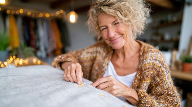 An older woman smiles while sewing, surrounded by an inviting and artistic atmosphere, reflecting creativity, skill, and the joy of handcrafted work.
