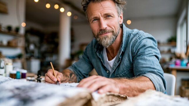 A talented artist is captured while drawing at a rustic table, showcasing creativity and passion for art with a cozy and inspiring atmosphere in the background.