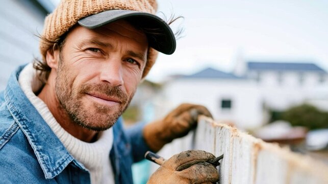 A rugged handyman is seen working diligently on a fence, capturing the essence of hard work and dedication in an outdoor setting with natural surroundings.