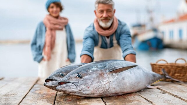 An elderly fisherman proudly holds two large tuna fish alongside a smiling companion, showcasing the beauty of fishing culture by the sea with vibrant colors.