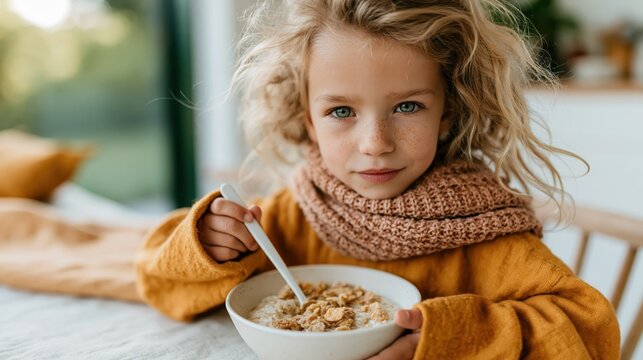 A young girl wearing a warm scarf enjoys a healthy bowl of cereal, exuding cuteness and comfort, surrounded by the soft light of a cozy home environment.