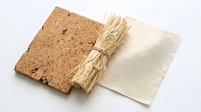 Natural cork board, raffia bundle, and woven fiber mat on white background