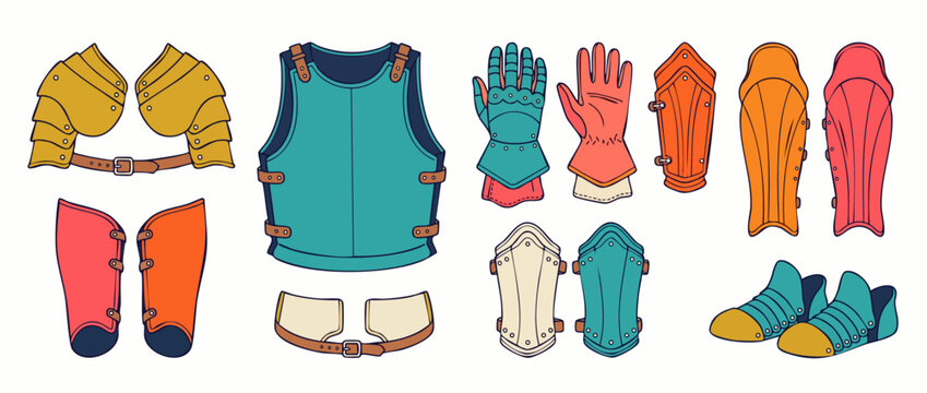 Knight Armor Set Vector Equipment featuring colorful medieval warrior breastplate, gauntlets, pauldrons, greaves, bracers for fantasy RPG game design, comic art, gear icons isolated on white.
