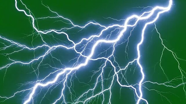 Electric lightning bolts on green screen background. Realistic white thunder strike animation. Powerful electrical discharge effect for video editing.