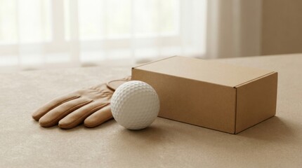 Moving supplies including a cardboard box a golf ball and work gloves on a table.