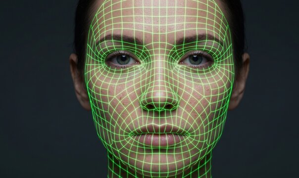 Cyber aesthetic portrait of a woman face with an interactive green 3D facial mesh wireframe overlay.