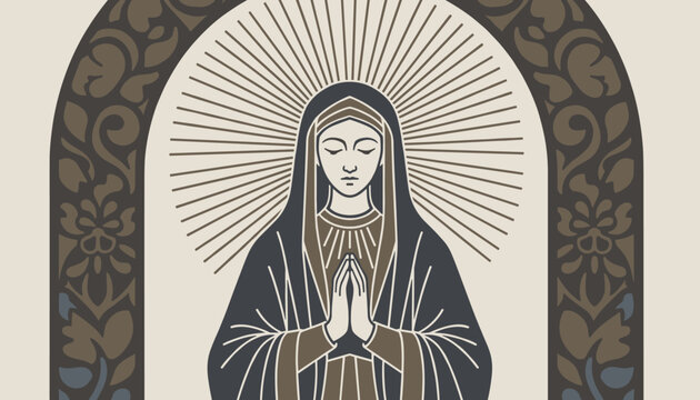 Exquisite classic line art illustration of the blessed virgin mary praying inside a beautiful decorative floral archway.