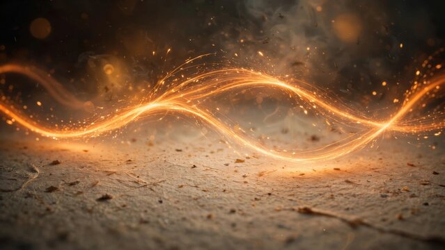 Fiery golden energy waves shimmer and spark over gritty textured ground, emanating smoke and light