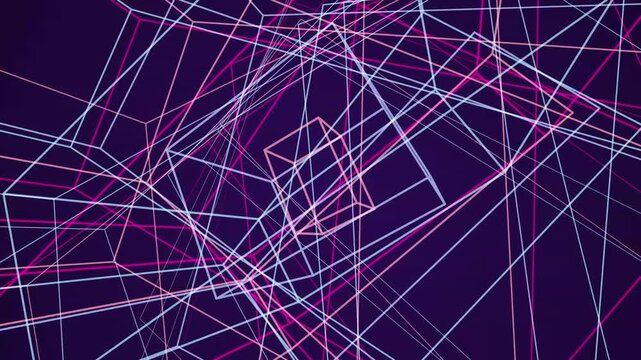 Rotating geometric wireframe cubes forming a complex network of glowing neon light lines in space