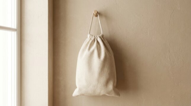 Simple beige drawstring bag hanging on a wall near a window.
