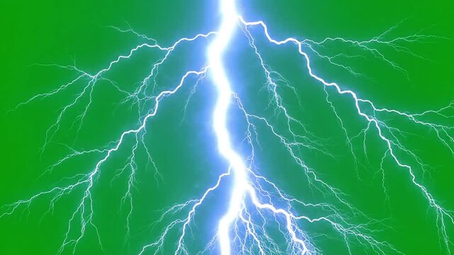 Lightning strike on green screen background, electric bolt discharge for vfx, powerful white thunderbolt flash effect for video editing