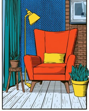 Pop art interior illustration with a red armchair and floor lamp in a modern living room