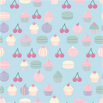 Cute soft pastel motifs seamless pattern with desserts and fruits