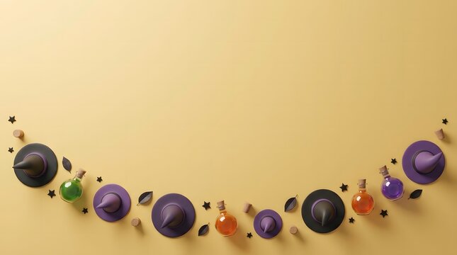 A festive and creative happy halloween background with small decorative pumpkins arranged in a curved line