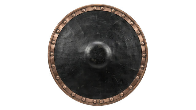 Round medieval shield with a dark textured surface and a copper rim featuring metallic studs isolated on a transparent background