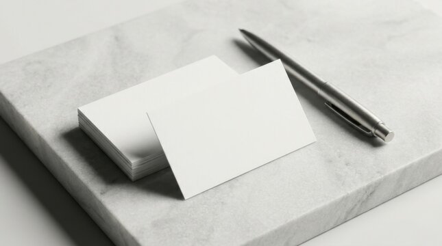 Blank business cards stacked on a textured surface with a pen nearby.
