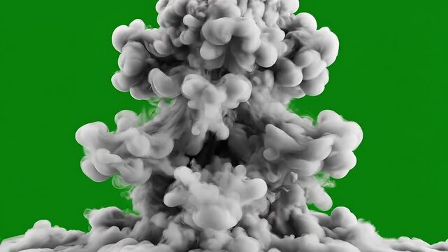 Cinematic grey smoke explosion on green screen. Realistic thick smoke plume rising. Volumetric dust cloud for visual effects and compositing.