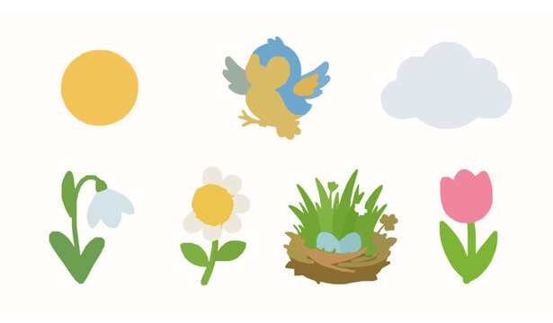 Spring 3D Cartoon Icons &ndash; Sun Bird Flowers Cloud and Nature Vector Set