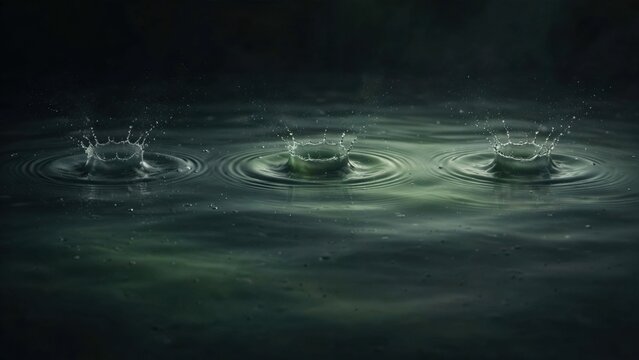 Three water drops create concentric ripples and splashes on a dark, reflective surface