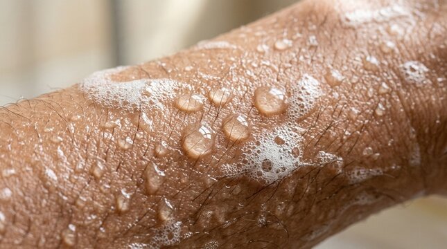 Close-up of wet skin with water droplets and soap foam
