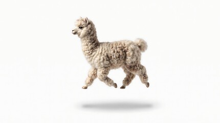 Naklejka premium Alpaca figurine, floating mid-air view, isolated on pure white background, hyperrealistic studio product photography