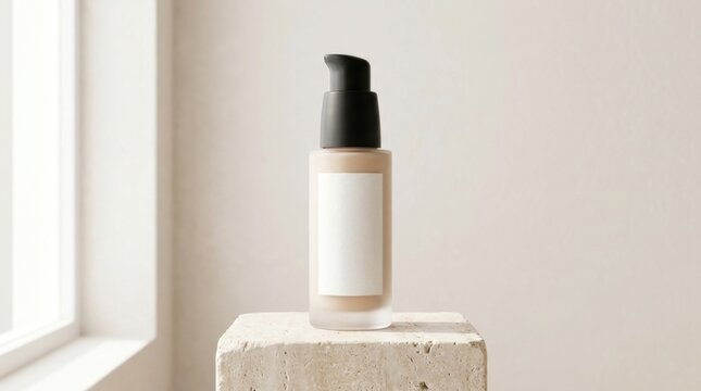 Minimalist cosmetic foundation bottle with pump dispenser on a wooden block.