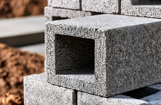 Close up of stacked gray concrete cinder blocks on a construction site under bright sunlight, showing porous texture and hollow cores for building projects, masonry, infrastructure and structural work