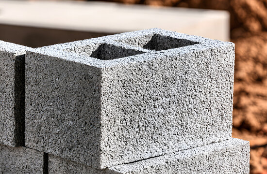 Close up of stacked gray concrete cinder blocks on a construction site under bright sunlight, showing porous texture and hollow cores for building projects, masonry, infrastructure and structural work