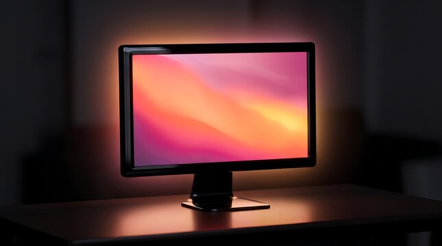 Multicolored computer monitor on dark desk, glowing display screen with abstract wallpaper, orange and pink rgb lighting, modern technology Setup