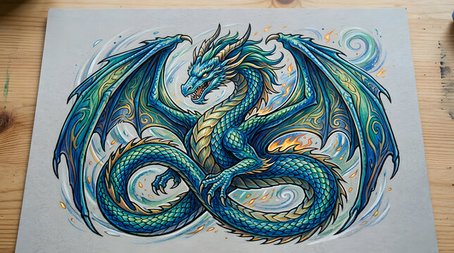 Colorful Fantasy Dragon Illustration with Blue and Green Hues