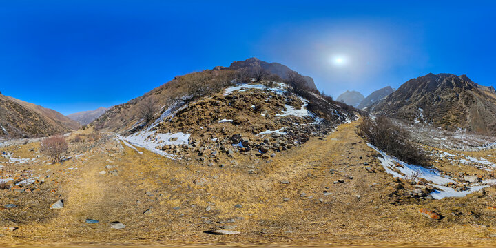 Mountainous Valley in Kyrgyzstan with Snow and Blue Sky - 360 Panorama