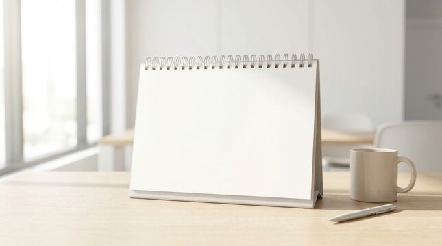Blank Spiral Bound Desk Calendar with Coffee Mug and Pen on Table.