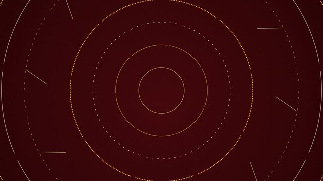 Rotating golden circular lines move across a deep maroon space to form complex geometric circular patterns