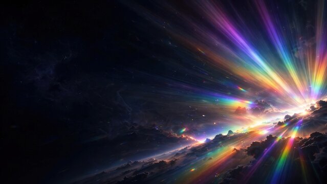 Vivid lightburst erupts from dark clouds, painting the cosmos with rainbow hues