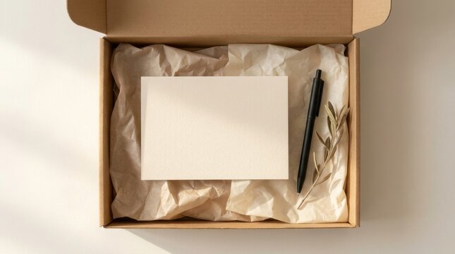 Open Cardboard Box with Blank Card and Pen Inside.