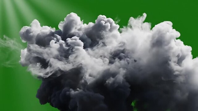 Cinematic dark smoke explosion on green screen. Thick grey storm cloud with sun rays. Realistic billowing smoke effect for compositing.