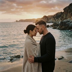 Fototapeta premium Couple embraces on sandy beach at sunset with ocean waves and rocky cliffs in background