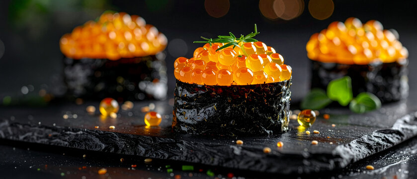 Fresh Ikura Salmon Roe Gunkan Maki Sushi Served on Black Slate Board  21：9